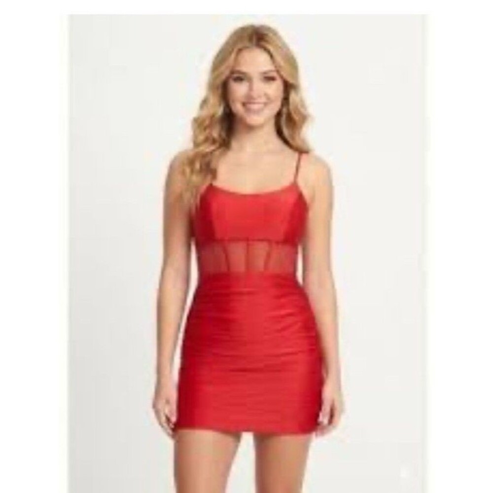 Faviana Red Sequin Mesh Ruched Sweetheart Strappy Mini Bodycon Women 6 S10916